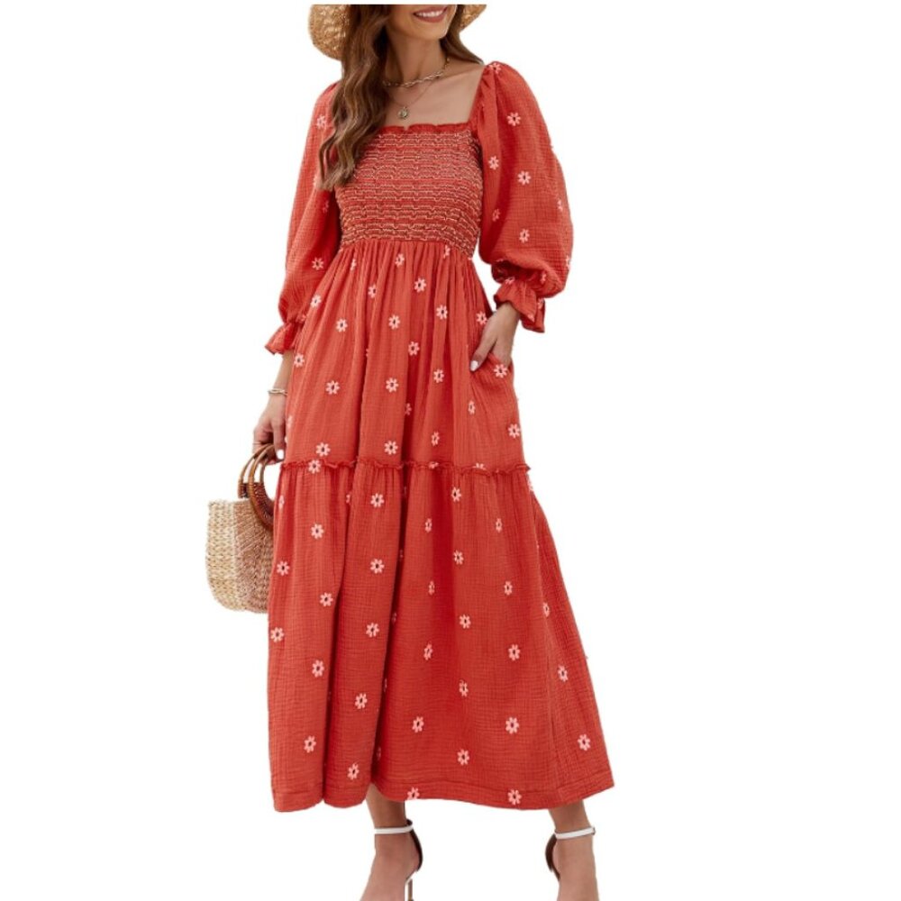 Women XS/S Floral Embroidered Midi Maxi Dress Long Puff Sleeve Square Neck